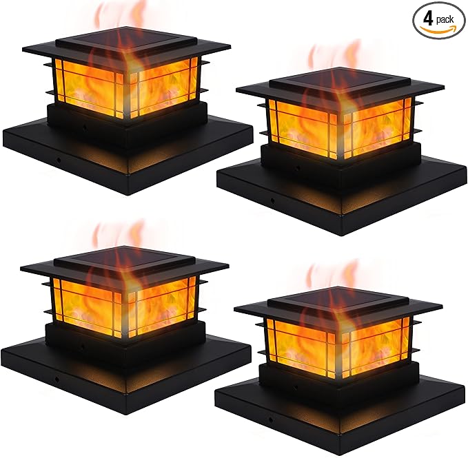 Dynaming 4 Pack Solar Flame Post Lights Outdoor, Solar Powered Fence Post Cap Lights, High Brightness Flickering Flame SMD LED Lighting Decor for Garden Deck Patio, 4x4, 5x5 or 6x6 Vinyl/Wooden Posts