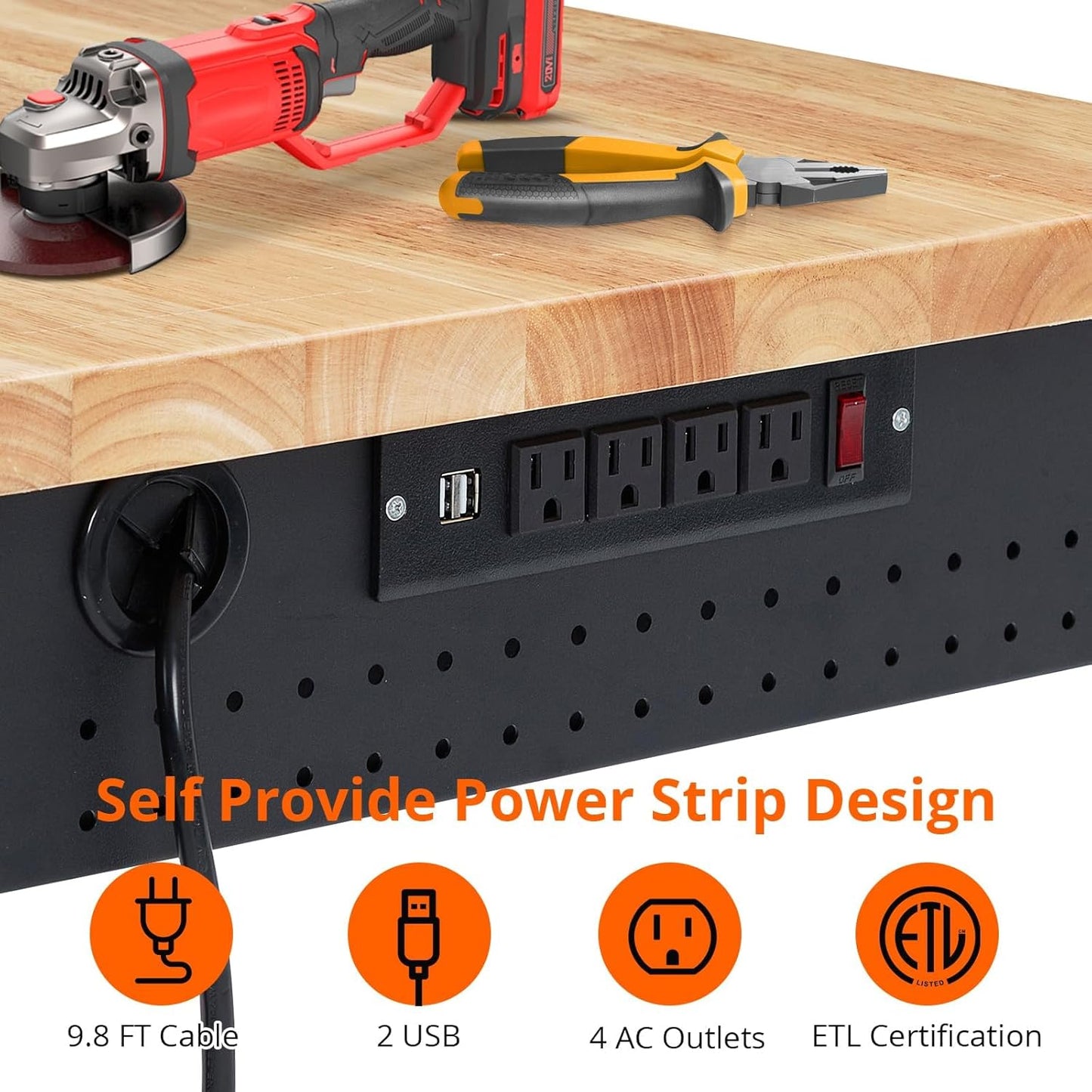 48'' Adjustable Workbench on Wheels, 2000LBS Heavy Duty Worktable with Power Outlets & Drawers, Rubberwood Workstation for Workshop, Garage, Office, Home