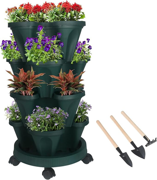 Vertical Planter 4 Tier Stackable Planters Garden Planters Strawberry Herb Flower and Vegetable Planter Indoor Outdoor Gardening Pots with Removable Wheels and Tools