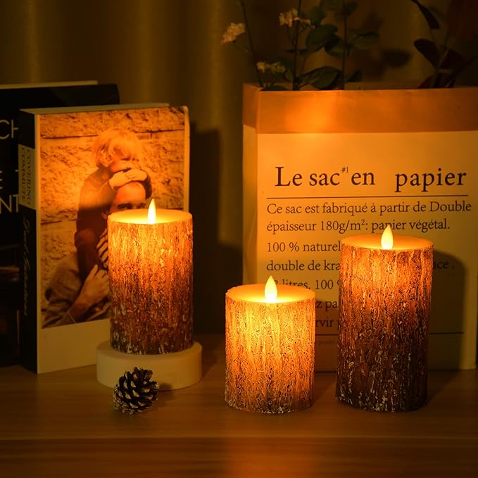 JOSU LED Flameless Candles Pine Bark Effect, Battery Operated Candles with Remote Control, LED Fake Candles, 4" 5" 6" Pack of 3, for Wedding Decor, Table Decor, Home Decoration Gifts (Pine Bark)