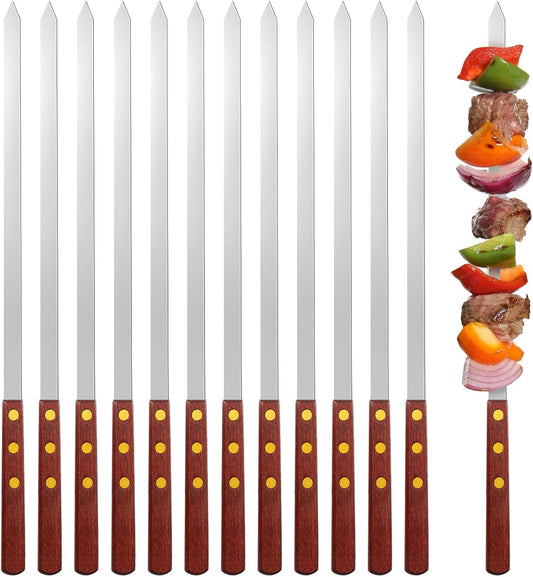 Cunhill 12 Pcs 19.7 Inch Kabob Skewers for Grilling 0.4 Inch Wide Flat Blade Thin Stainless Steel Kabob Sticks Long Barbecue Reusable Metal BBQ Skewers with Wood Handles for Tailgate Party Outdoor