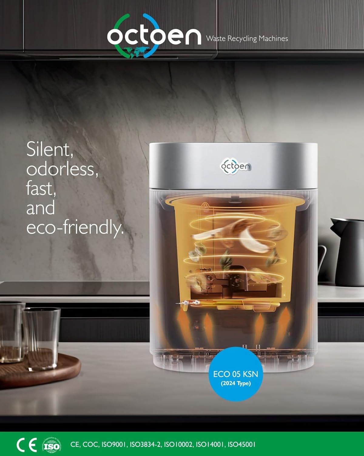 3L Electric Kitchen Composter w/ 2 Free Filters, 3 Modes w/Auto Cleaning UV-C Light Sanitizer, Rapid Conversion Within 2-8 Hours. Indoor/Outdoor, Turn Food Waste to Fertilizer for Garden, by OCTOEN