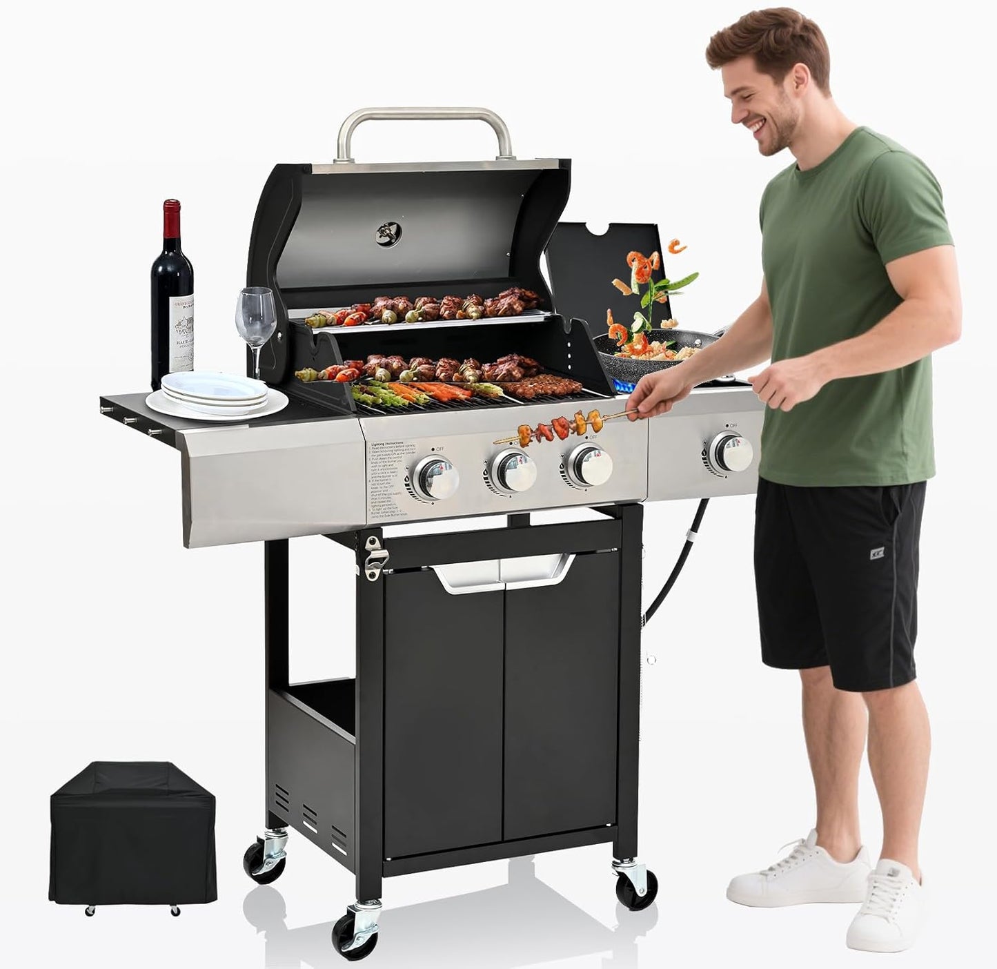 3-Burner Propane Gas BBQ Grill with Side Burner, Porcelain-Enameled Cast Iron Grates and Grills Cover, 40,500 BTU Stainless Steel Grill for Outdoor Camping Barbecue Grilling Backyard Cooking