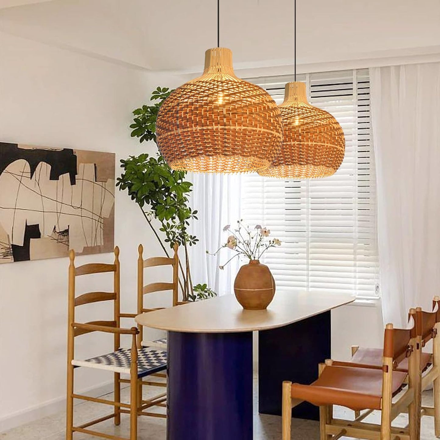 Arturesthome Rattan Pendant Lights, Wicker Chandelier Boho Basket Lighting Fixture, Natural Woven Hanging Lamp for Kitchen Island Sink Coffee