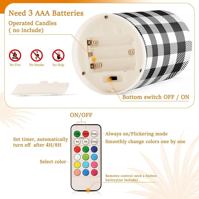 Flickering Flameless Candles, Black White Buffalo Plaid LED Candles with Remote Timer, Set of 2 Battery Operated Candle for Valentine Wedding Birthday