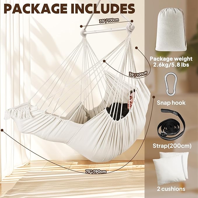 Chihee Hammock Chair Hanging Chair with Foot Rest 2 Cushions Max 500lbs Robust Metal Spreader Bar Collapsible Easy Storage Soft Cotton Swing Chair Strong Strap Iron Carabiner Side Pocket Included