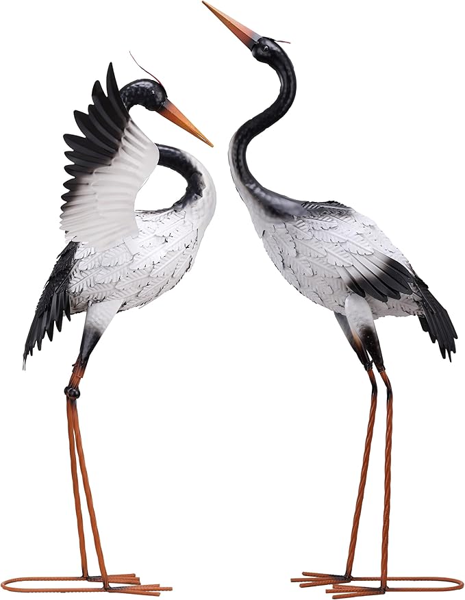 TERESA'S COLLECTIONS Yard Decorations Outdoor Garden Statues, White Metal Crane Yard Art, 33-39inch Lawn Ornaments for Backyard, Outside Porch, Patio, Wedding Decor,Set of 2,Spring Decor,Gifts for Mom