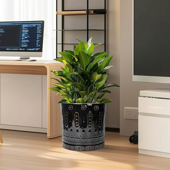 Ceramic Pots for Plants - 12 Inch Large Planter with Drainage Hole and Saucer, Ceramic Flower Pots for Indoor Outdoor, Boho Round Planter, Patio Decor, Gifts for Plant Lover, Black