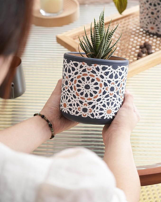 2 Pack Ceramic Flower Pots for Indoor Plants, 5 Inch Boho Plant Pot with Drainage Holes,Modern Planter for Decorative Succulents/Snake Plant/Orchid/Peace Lily/House Plants(Blue)