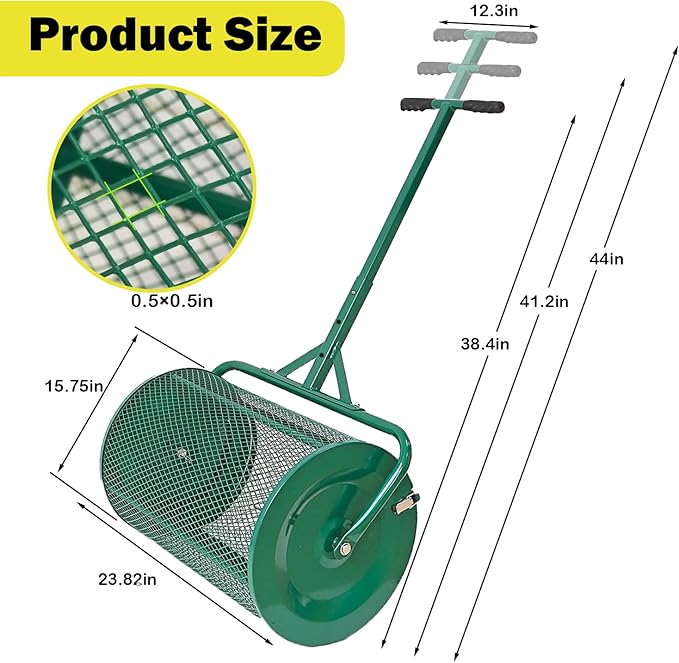 Compost Spreader, 24" Peat Moss Spreader, Roller Lawn Spreader with 3 Heights T Shaped Handle, Side Latches Powder Coated Steel Mesh Basket, Lawn & Garden Spreader for Spreading Manure Topsoil, Green