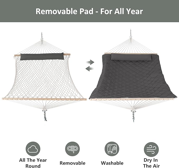 ANOW Outdoor Rope Hammock with Spreader Bars, Heavy Duty Hammock with Pad for Outdoors Indoors, 450 LBS Weight Capacity, Gray
