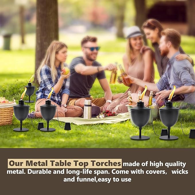 4 Pack Upgraded Tabletop Torches,14 oz Citronella Torches for Outside, Refillable Outdoor Flame Torch Light, Comes with Wicks,Covers and Funnel, Ideal for Parties, Garden Decor, DIY