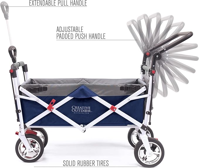 Creative Outdoor Push Pull Stroller Wagon for Kids,150lbs Weight Capacity, Collapsible Folding Cart with Canopy, Silver Series Plus, Beach, Park, Garden & Tailgate (Navy Blue)