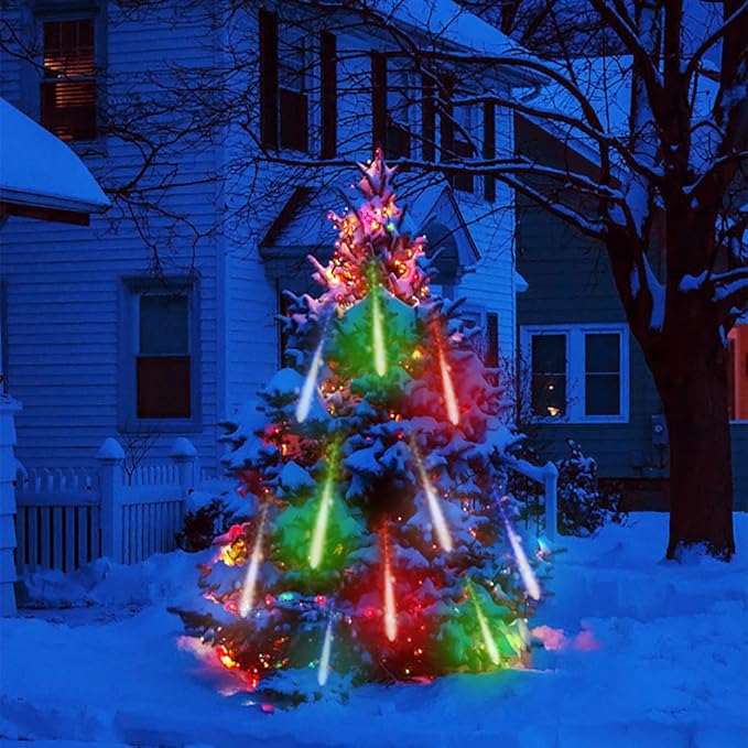 Christmas Lights Outdoor, Meteor Shower Falling Rain Lights 12 inch 8 Tube Snow Falling Icicle Cascading Light for Xmas Tree Decoration Wedding Party, UL Plug, Multi Colored