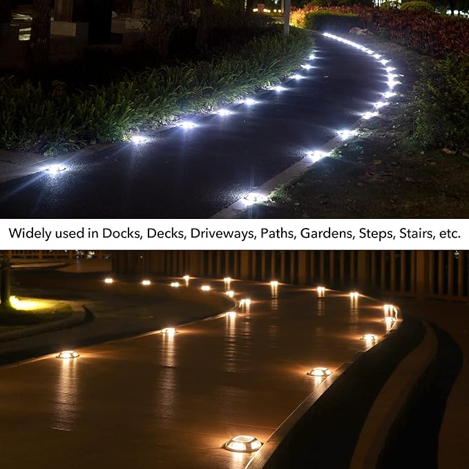 AGPTEK Solar Driveway Lights Outdoor 24 Pack, 2 Color Modes LED Deck Dock Marine Waterproof Driveway Marker Lights for Step Sidewalk Stair Garden Pathway Walkway Yard (Warm White/Cool White)
