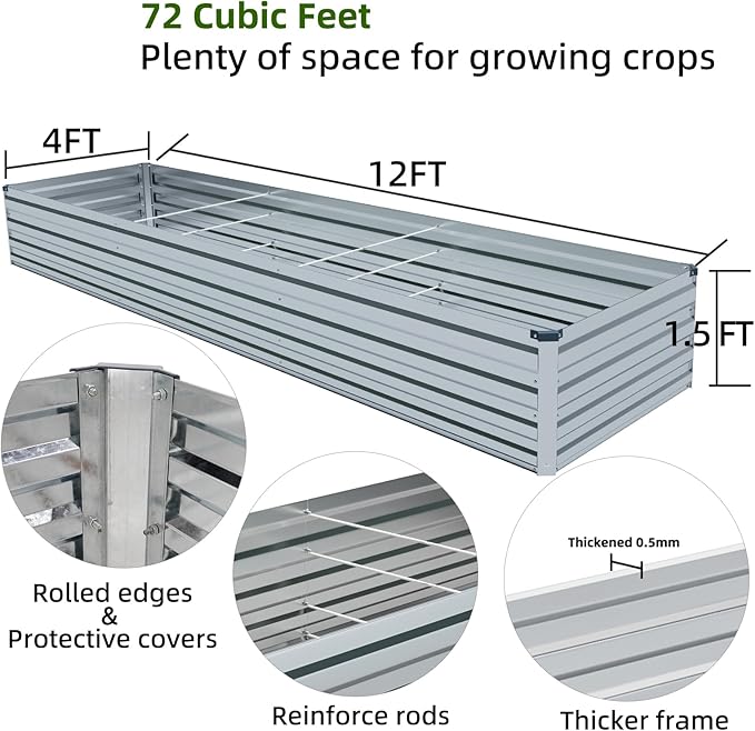 12x4x1.5FT Galvanized Raised Garden Beds Kit Large Outdoor Metal Gardening Planter Box for Vegetable Elevated Flower Herbs, Silver