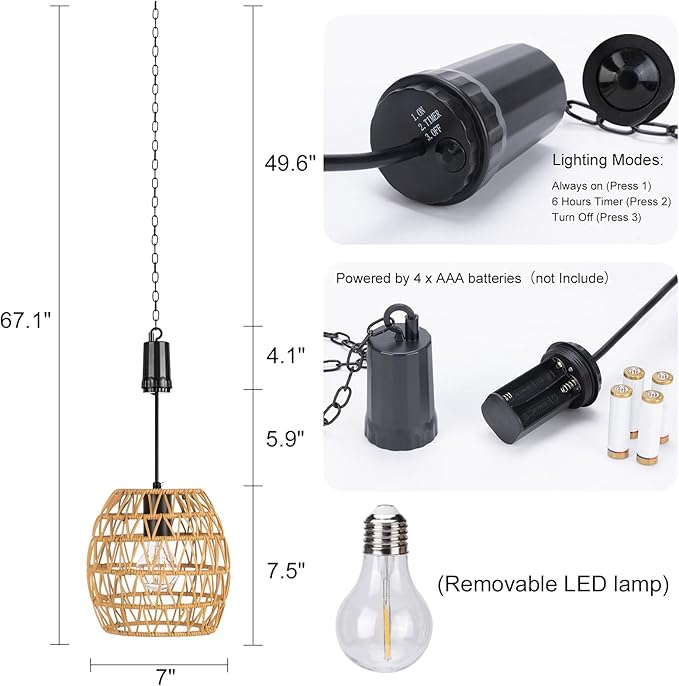 Battery Operated Outdoor Hanging Light with 6 Hours Timer, Outdoor Indoor Pendant Chandelier Rattan Lantern Waterproof Lamp Edison Bulb Lights for Gazebo Porch Garden Patio Home Decoration