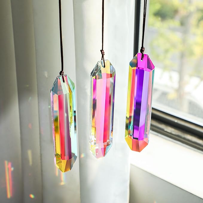 HDCRYSTALGIFTS 3 Pack 5" Large Crystal Sun Catcher Prisms for Windows, AB Colored Suncatcher Crystals Window Indoor Hanging Rainbow Maker Prisms for Home Garden Decor