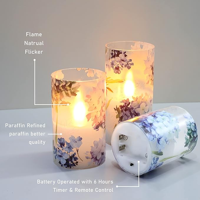 Floral Flameless Candles Decorative Battery Operated with Remote Hydrangea Flowers Romantic Lovers Flickering Pillar Candles for Wedding Tray Centerpiece Home Decor