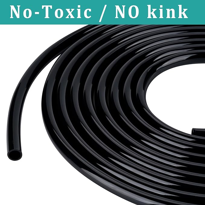 1/4" id - 50ft Black Vinyl Tubing Flexible PVC Tube Hybrid Hose Transfer Water Fuel Gas for Pond Fountain Garden Waterfall, Durable and Safe, with 2 Hose Clamps