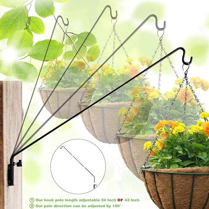 MIXXIDEA Heavy Duty Extended Reach Wall Mounted Deck Hook Wall Pole, Wall Bracket Direction and Length Adjustable Plant Bracket for Bird Feeders, Planters, Suet Baskets, Lanterns, Wind Chimes,Black