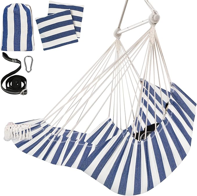 Chihee Hammock Chair Hanging Chair with Foot Rest 2 Cushions Max 500lbs Robust Metal Spreader Bar Collapsible Easy Storage Soft Cotton Swing Chair Strong Strap Iron Carabiner Side Pocket Included