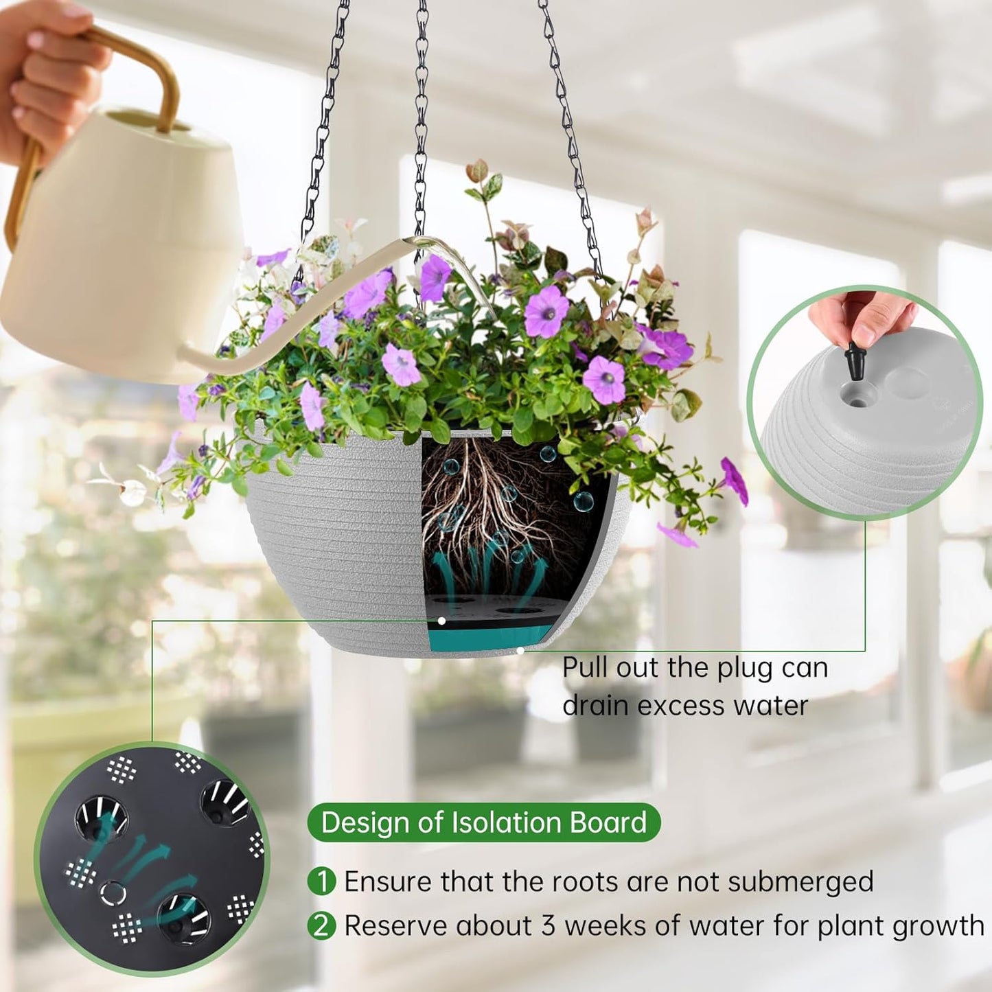 Hanging Planters for Indoor Outdoor Plants, Set of 2 Self Watering Hanging Pots with Drainage Hole & Plug and 20" Chain & Hooks