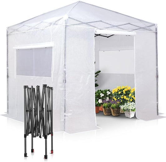 EAGLE PEAK 8x8 Portable Walk-in Greenhouse, Pop-up Indoor Outdoor Garden Green House, Zippered Doors and Windows, PE Cover, White