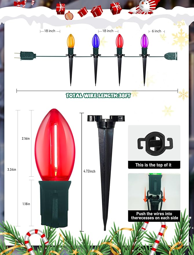 C9 LED Christmas Pathway Lights Outdoor 38Ft 25 LED C9 Multicolor Bulbs Christmas Pathway Stakes Lights, Connectable Outdoor Christmas Walkway Lights for Yard Patio Sidewalk Driveway Garden Lawn Decor