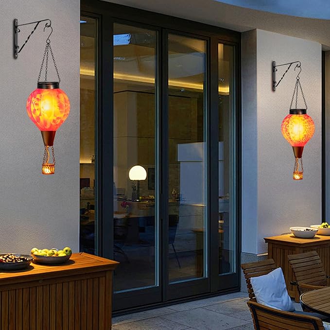 2PC Hot Air Balloon Solar Lantern with Flame, Pink Glass Balloon Lantern Lights Outdoor Waterproof, Hanging Solar Lights for Outside Garden Yard Patio Tree Porch Gift for Women Lovers Mom