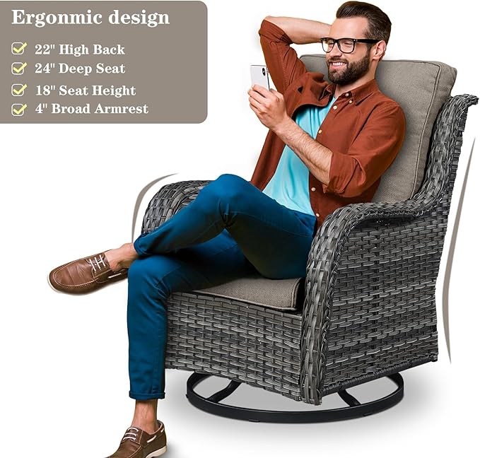 Wicker Outdoor Furniture Patio Furniture Set - 6 Piece Patio Conversation Set with Swivel Rocker Chairs, Rattan Sofa, Ottomans and Coffee Table, Gray Cushion