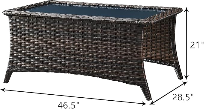 Patio Tables Wicker Coffee Table - Outdoor Rattan Coffee Tables with Glass Top for Patio Proch Deck Balcony Rectangle Brown