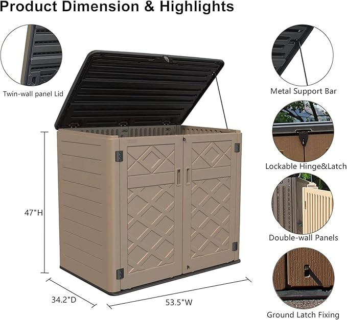 HOMSPARK Storage Shed Weather Resistance, Multi-Purpose Outdoor Storage Cabinet for Backyards and Patios, Horizontal Storage Shed for Lawnmower, Patio Accessories (Coffee, X Large - 48 cu.ft)