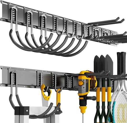 Garage Organization Tool Organizer Wall Mount, 64inch Heavy Duty Garden Tool Organizer Storage System, Easy Install with 10 Adjustable Hooks, for Garage, Basement, Shed, Workshop(Black)