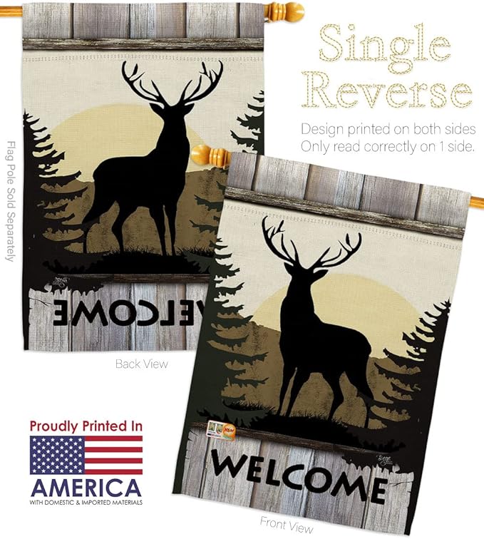 Welcome Deer House Flag Dowel Set Animals Wildlife Outdoor Bear Wolf Pet Nature Farm Animal Creature Small Decorative Gift Yard Banner Made In USA 28 X 40