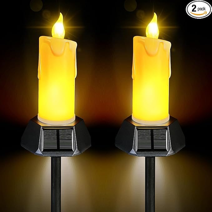 BlcTec Solar Candles Outdoor Waterproof, Flickering Candles with IP65 High Rating Waterproof, Suitable for Outdoor Lawn, Yard, Pathway, Wedding, Camping, Holiday Decorations, 2 PCS