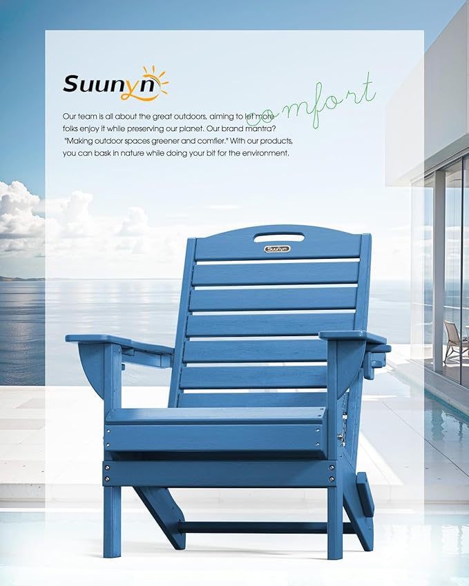 Folding Adirondack Chair HDPE All-Weather Adirondack Chairs with Cup Holder, Outdoor Fire Pit Chairs Lawn Chair for Deck Patio Garden (NavyBlue)