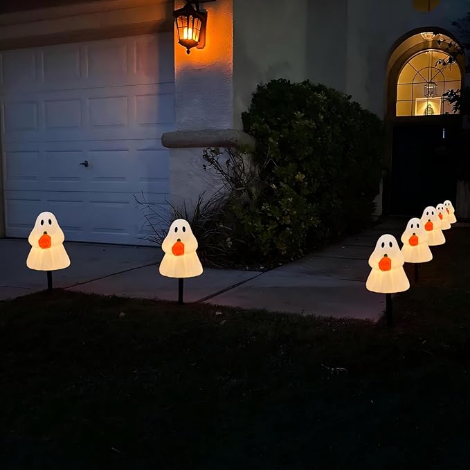 C7 Halloween Ghost Pathway String Lights, 7Ft Outdoor Halloween Decorations Lights with 4 Elves Holding Pumpkin Walkway Lights Waterproof UL Listed for Outdoor Garden Yard Lawn Sidewalk Party Decor
