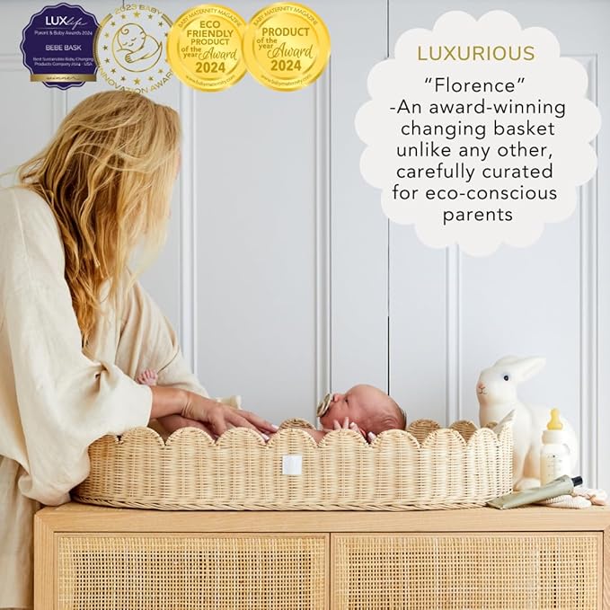 Bebe Bask Premium Baby Changing Basket - Artisan-Crafted Scalloped Rattan - Changing Basket for Baby Dresser - All Accessories Included - Complete Set for Nursery (Natural)