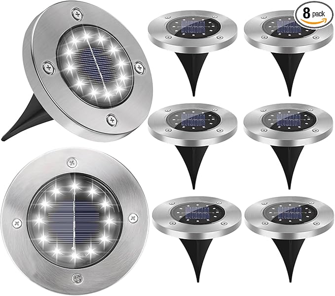 Solar Lights Outdoor Waterproof, 8 Packs Bright Solar Ground Lights with Updated 12 LEDs, Solar Garden Lights Landscape Lights for Pathway Walkway Driveway Patio Yard Deck Lawn Decor (Cold)