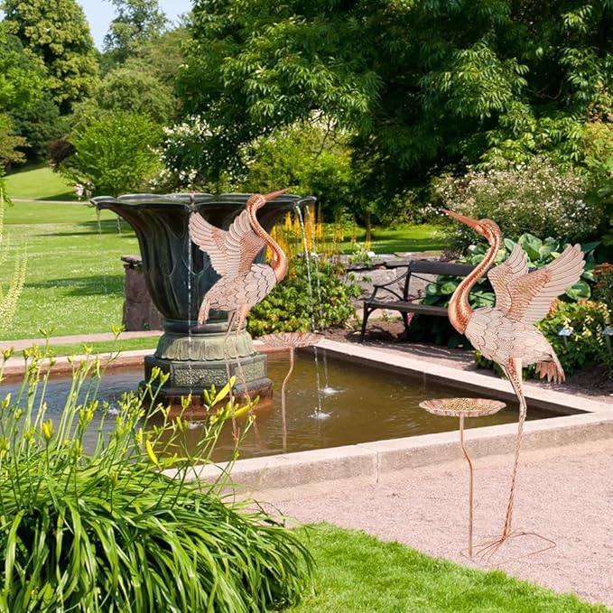 Crane Garden Statue with Birdbath, 40'' Heron Garden Statue, Crane Metal Yard Art for Outside, Backyard, Lawn, Porch Decor
