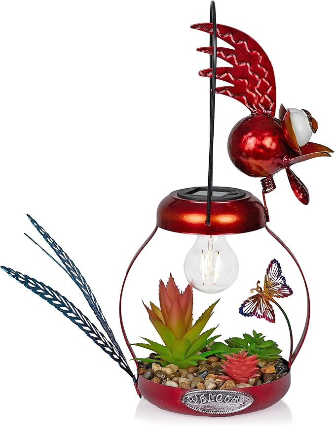 Alpine Corporation LYT286SLR-HH Solar-Powered Metal Rooster w/Garden Enclosed LED Light Decor, Solar Patio Decor, 16''H, Red