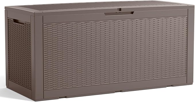 100 Gallon Resin Deck Box, Lockable Patio Outdoor Storage Box for Furniture, Garden Tools and Tools Storage, Waterproof Outside Storage Boxes - Grey