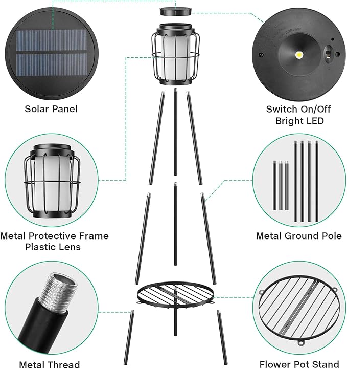 2 Pack Solar Lights Outdoor with Plant Stands, Solar Floor Lamp, Solar Powered Street Lights Metal Tripod Deck Lights, Patio Decor for Garden Yard Pathway Driveway Porch