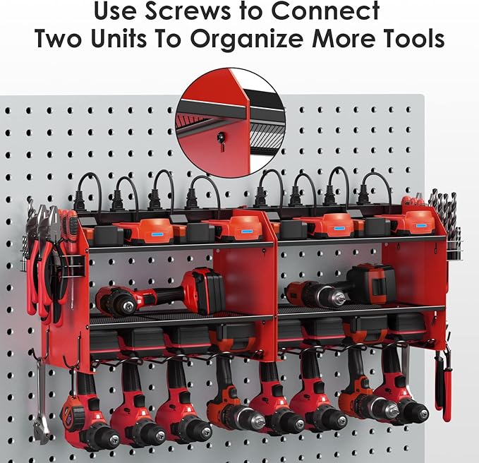 CCCEI Modular Power Tool Organizer Wall Mount with Charging Station. Garage 4 Drill Storage Shelf with Hooks, Screwdriver, Drill Bit Heavy Duty Rack, Tool Battery Holder Built in 8 Outlet Power Strip.