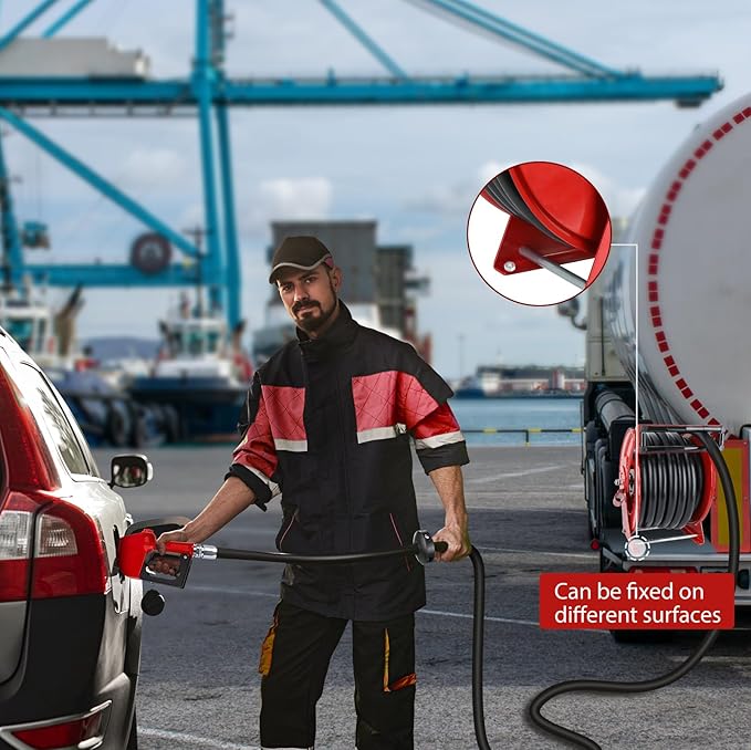 Fuel Hose Reel with Fueling Nozzle, 1" x 33FT Retractable Diesel Hose Reel, 300 PSI Industrial Heavy Duty Auto Swivel Rewind Hose Holder Reels, for Vehicle Tank Truck Trailer Ship