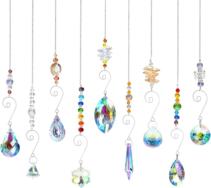 Crystal Suncatchers, RIFNY Hanging Crystals Ornament Sun Catcher with Chain, 9 Pack Glass Beads Ball Prisms Pendant Rainbow Maker for Window Home Office Garden Decoration