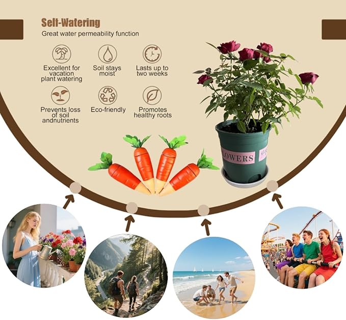 4-Pack Plant Watering Spikes with Lids，Self Watering Spikes, Plant Water Seepage Device, Cute Carrot Shape，Clay Plant Garden Waterers for Vacations