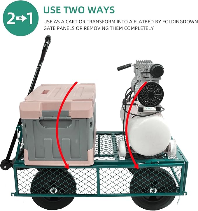 Heavy Duty 480 Lbs Capacity Mesh Steel Garden Cart Folding Utility Wagon with Removable Sides (Green)