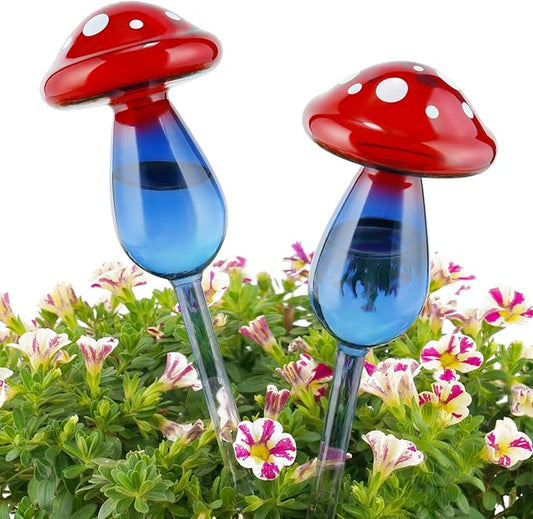 NiHome Mushroom Spike Self-Watering Bulb 2-Pack 10" Long Gradient Red Blue Hand-Blown Glass Globe Pot Plant Waterer for Home Indoor Outdoor Garden Patio Hanging Flower Automatic Irrigation System